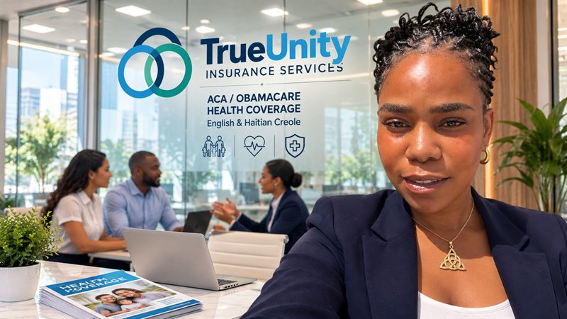 A TrueUnity agent in the office, in front of the TrueUnity Insurance Services logo, while colleagues meet with clients behind her